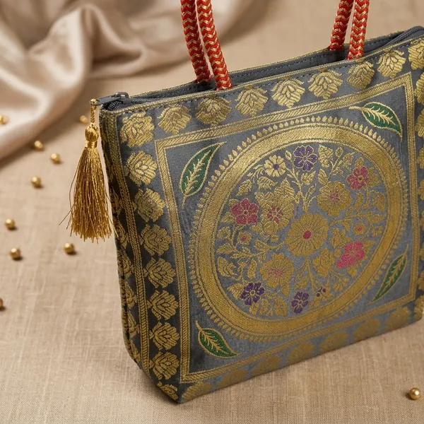 Grey_Banarasi_Silk_Brocade_Floral_Zari_Potli_Bag_For_Women