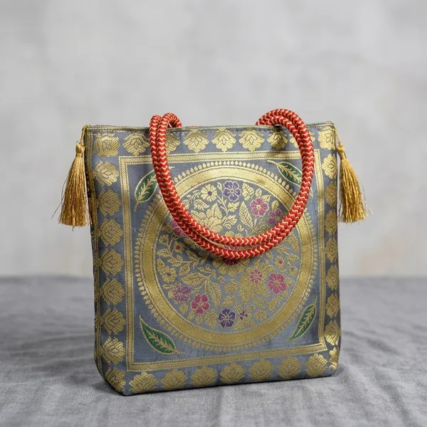 Grey_Banarasi_Silk_Brocade_Floral_Zari_Potli_Bag_For_Women