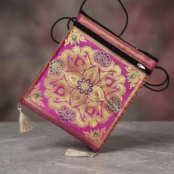 Pink_Banarasi_Silk_Brocade_Sling_Bag_For_Women