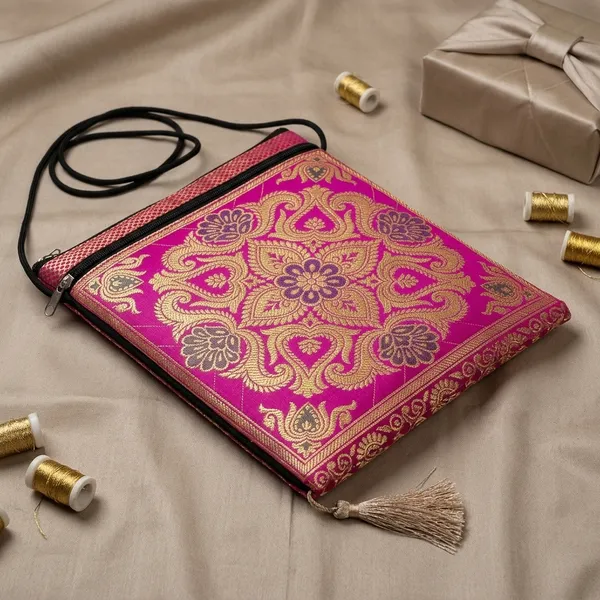 Pink_Banarasi_Silk_Brocade_Sling_Bag_For_Women