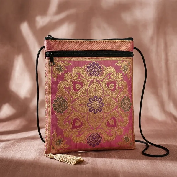 Peach_Banarasi_Silk_Brocade_Sling_Bag_For_Women