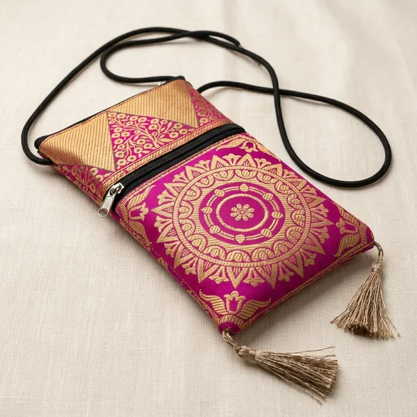 Pink_Banarasi_Silk_Brocade_Printed_Mobile_Sling_Bag_For_Women