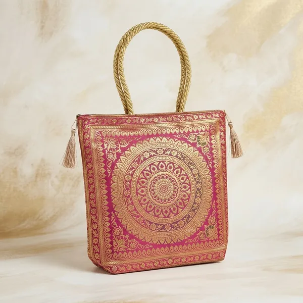 Pink_Banarasi_Silk_Brocade_Ethnic_Tote_Bag_For_Women