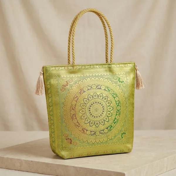 Green_Banarasi_Silk_Brocade_Zari_Tote_Bag_For_Women