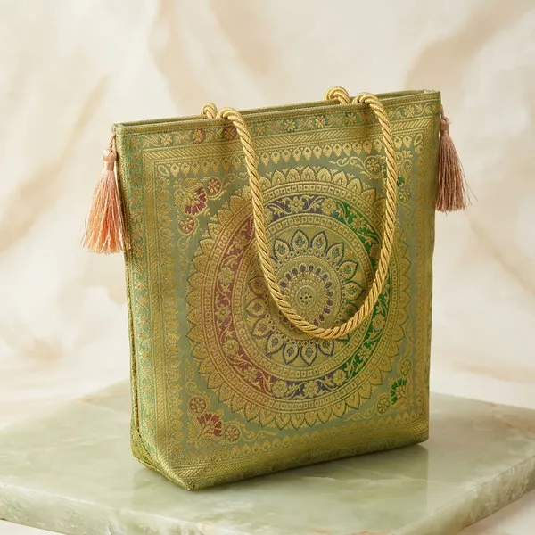 Green_Banarasi_Silk_Brocade_Zari_Tote_Bag_For_Women
