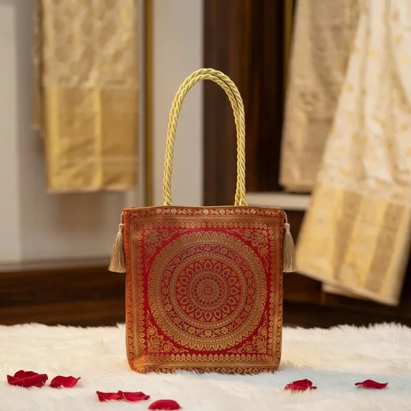 Red_Banarasi_Silk_Brocade_Zari_Work_Handbag_With_Tassels_For_Women