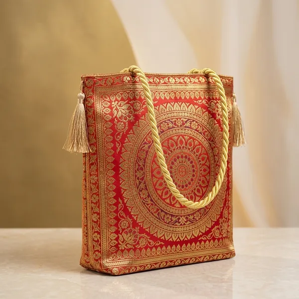 Red_Banarasi_Silk_Brocade_Zari_Work_Handbag_With_Tassels_For_Women