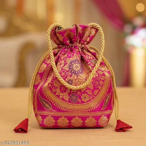 Pink_Banarasi_Silk_Brocade_Golden_Drawstring_Potli_Bag_For_Women