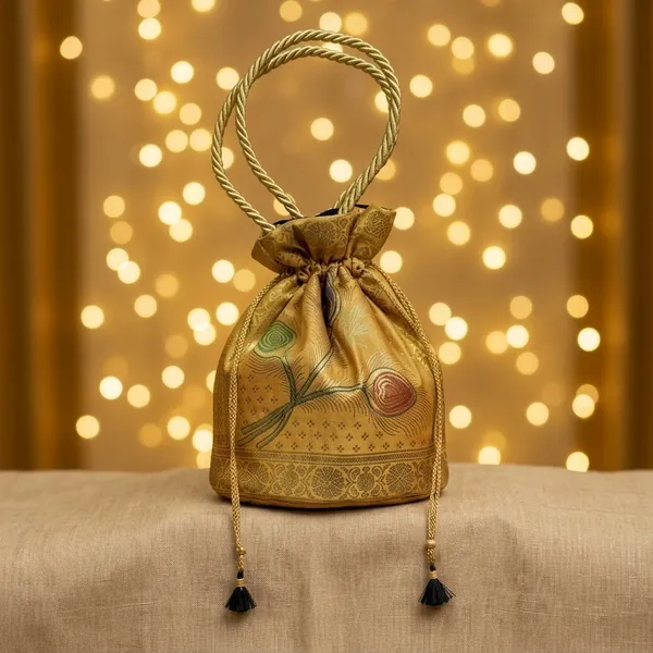 Gold_Banarasi_Silk_Brocade_Round_Base_Potli_Bag_For_Women