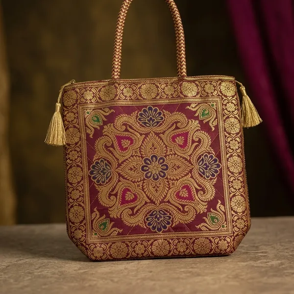 Maroon_Colour_Banarasi_Silk_Brocade_Ethnic_Handbag_For_Women