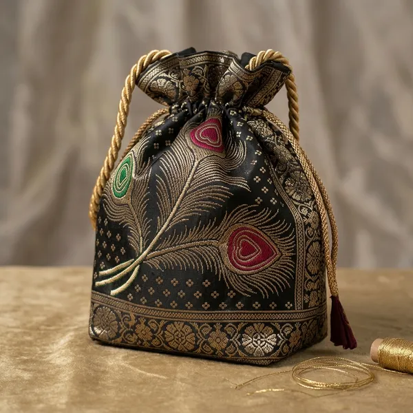 Black_Banarasi_Silk_Brocade_Peacock_Embroidered_Potli_Bag_For_Women