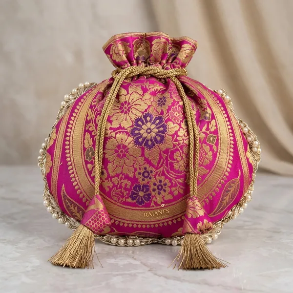 Rani_Pink_Beautiful_Lace_Work_Banarasi_Potli_Bags