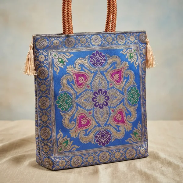 Blue_Banarasi_Silk_Brocade_Ethnic_Tote_Bag_For_Women