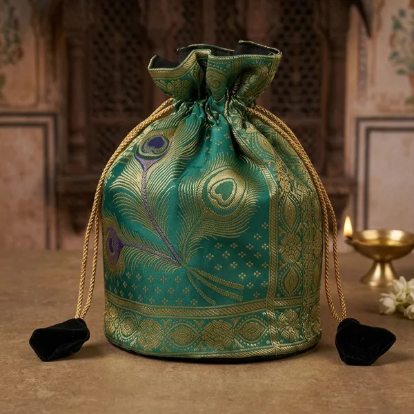 Elegant_Bottle_Green_Green_Colour_Banarasi_Potli_Bag