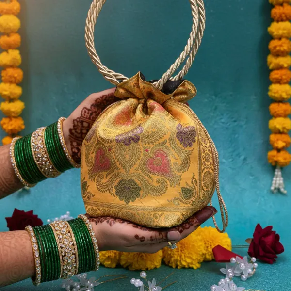 Yellow_Banarasi_Silk_Brocade_Potli_Bag_For_Women