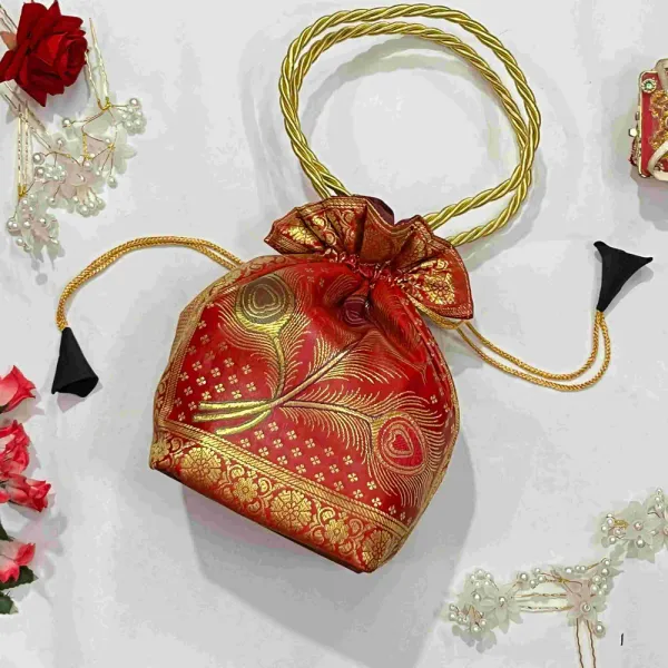 Red_Banarasi_Silk_Brocade_Ethnic_Potli_Bag_For_Women
