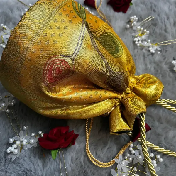 Gold_Banarasi_Silk_Brocade_Round_Base_Potli_Bag_For_Women