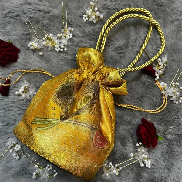 Gold_Banarasi_Silk_Brocade_Round_Base_Potli_Bag_For_Women