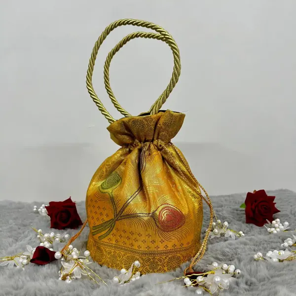 Gold_Banarasi_Silk_Brocade_Round_Base_Potli_Bag_For_Women