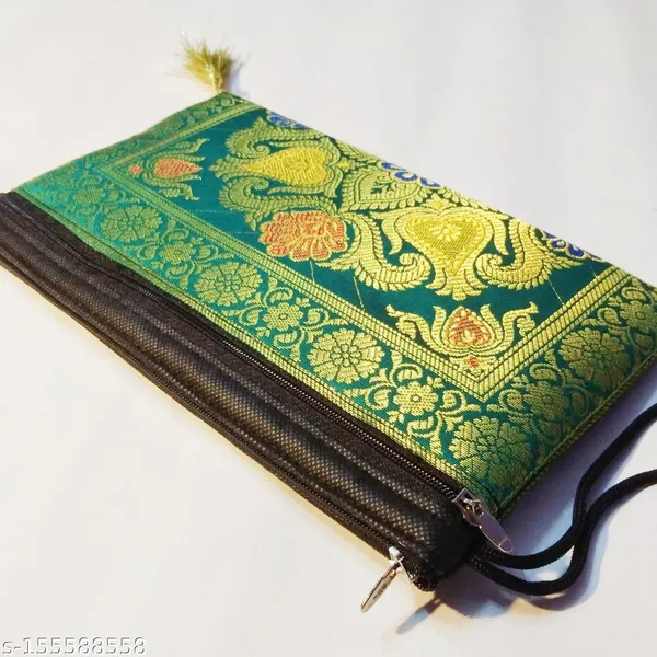 Green_Banarasi_Silk_Brocade_Two_Fold_Clutch_Wallet_For_Women