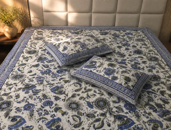 Blue_&_White__Floral_Print_Kingsize_Bedsheet_with_2_Pillow_covers.