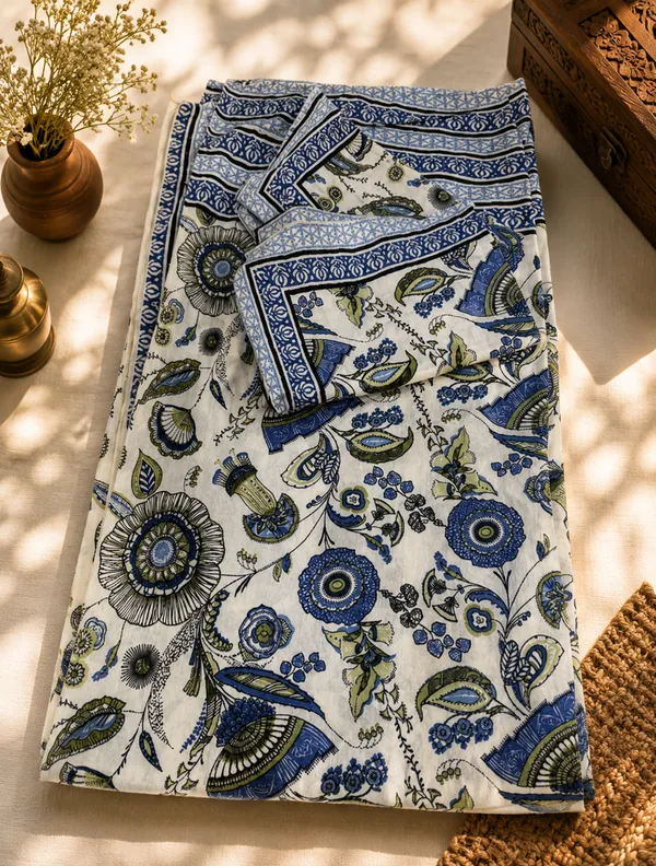 Blue_&_White__Floral_Print_Kingsize_Bedsheet_with_2_Pillow_covers.