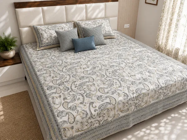 White_Cotton_Paisley_Print_King_Size_Bedsheet_With_Pillow_Covers
