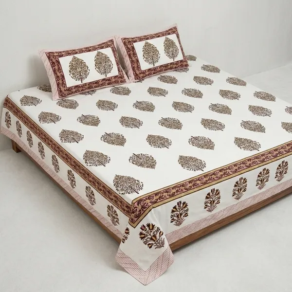 White_&_Orange_Cotton_Block_Printed_King_Size_Bedsheet_With_2_Pillow_Covers