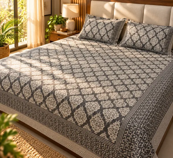 Grey_Ikat_Print_Cotton_Kingsize_Bedsheet_with_2_Pillow_Covers
