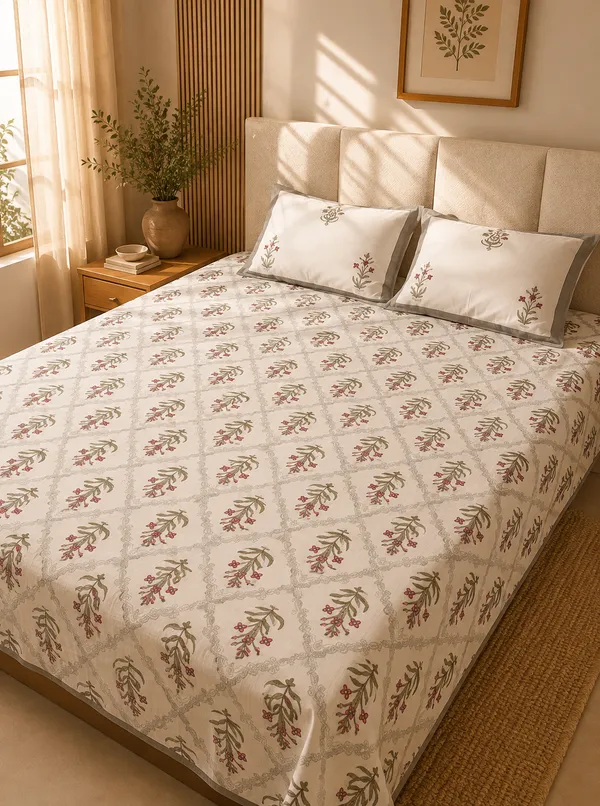Grey_&_Pink__Cotton__Floral_Print_Kingsize_Bedsheet_with_2_Pillow_covers.
