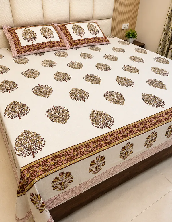 White_&_Orange_Cotton_Block_Printed_King_Size_Bedsheet_With_2_Pillow_Covers
