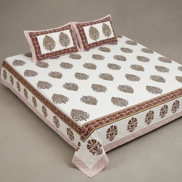 White_&_Orange_Cotton_Block_Printed_King_Size_Bedsheet_With_2_Pillow_Covers