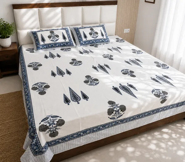 White_&_Blue_Cotton_Floral_Print_King_Size_Bedsheet_With_Pillow_Covers