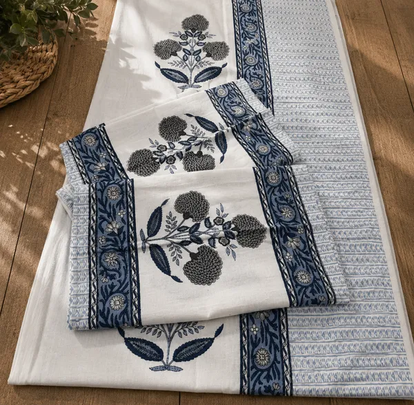 White_&_Blue_Cotton_Floral_Print_King_Size_Bedsheet_With_Pillow_Covers