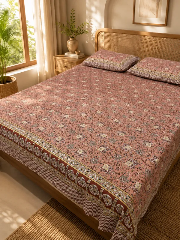 Peach__Cotton__Floral_Print_Kingsize_Bedsheet_with_2_Pillow_covers.