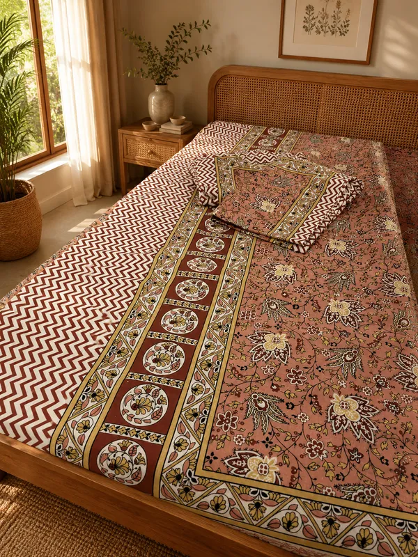Peach__Cotton__Floral_Print_Kingsize_Bedsheet_with_2_Pillow_covers.