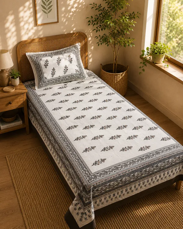 Rajasthani_Grey_Floral_Single_Bedsheet