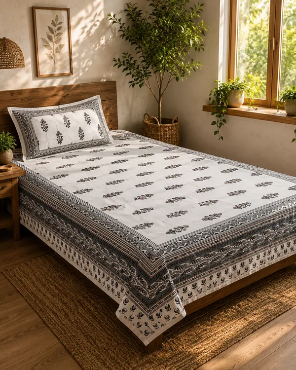 Rajasthani_Grey_Floral_Single_Bedsheet