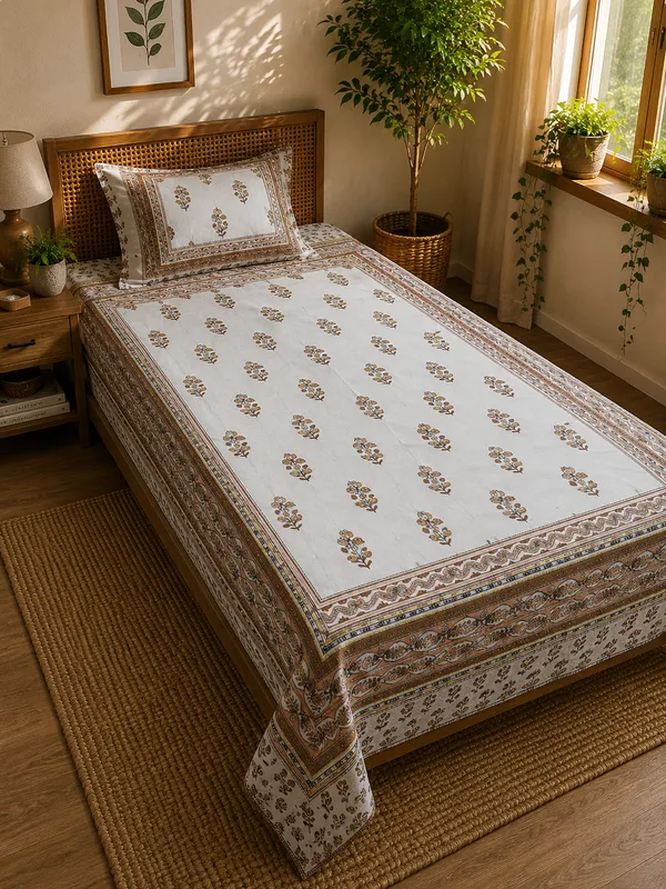 Rajasthani_Peach_Floral_Single_Bedsheet