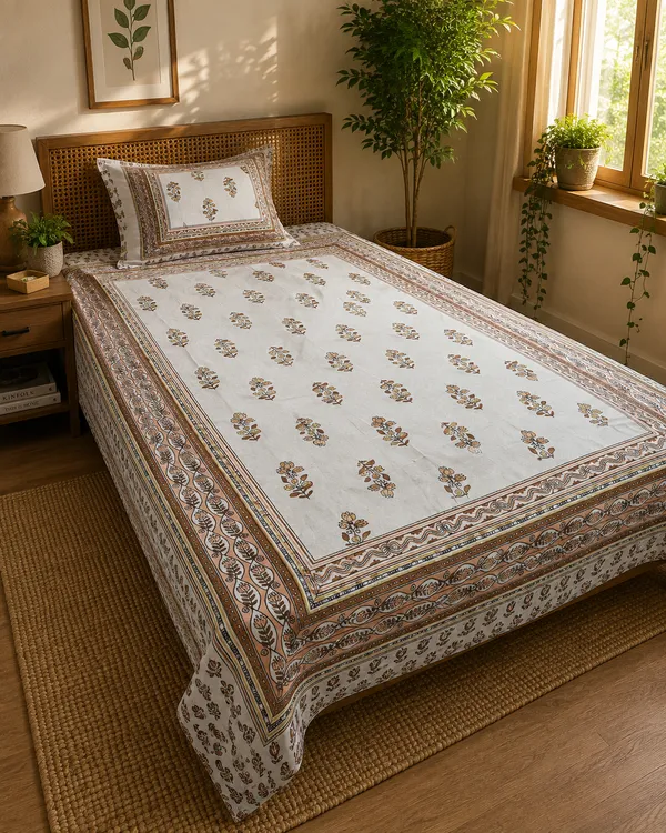 Rajasthani_Peach_Floral_Single_Bedsheet