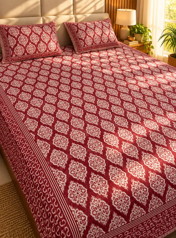 Red_Ikat_Print_Cotton_Kinf_Size_bedsheet__with_2_Pillow_covers