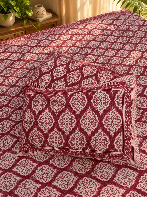 Red_Ikat_Print_Cotton_Kinf_Size_bedsheet__with_2_Pillow_covers