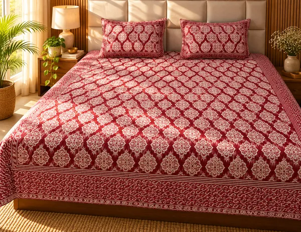 Red_Ikat_Print_Cotton_Kinf_Size_bedsheet__with_2_Pillow_covers