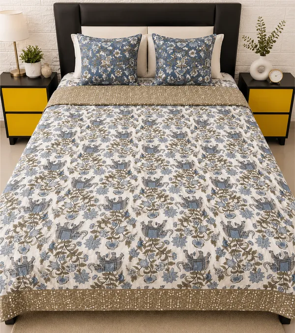 Grey_&_Blue_Floral_Print_Reversible_Ac_Comfortor_(_Dohar)-Single_Bed_Pair