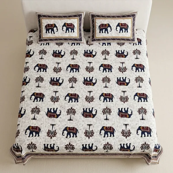 White_And_Black_Cotton_Elephant_Print_King_Size_Bedsheet_With_Pillow_Covers