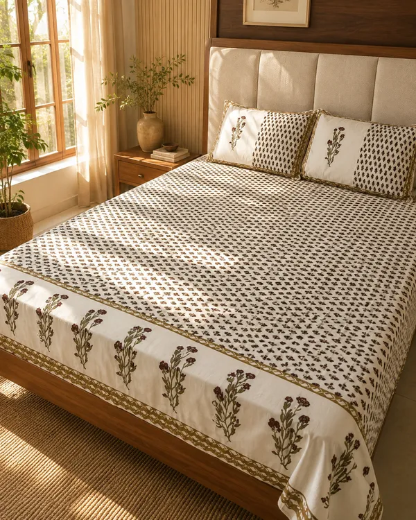 White_&_Brown_Cotton_Floral_Print_Kingsize_Bedsheet_with_2_Pillow_covers.
