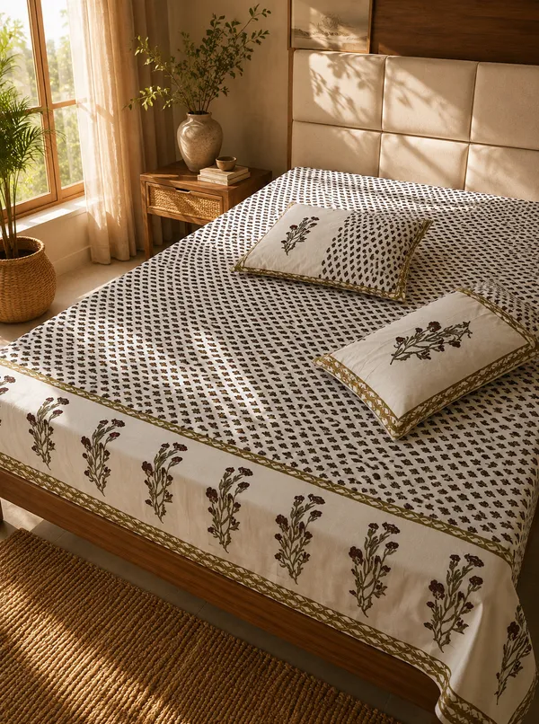 White_&_Brown_Cotton_Floral_Print_Kingsize_Bedsheet_with_2_Pillow_covers.