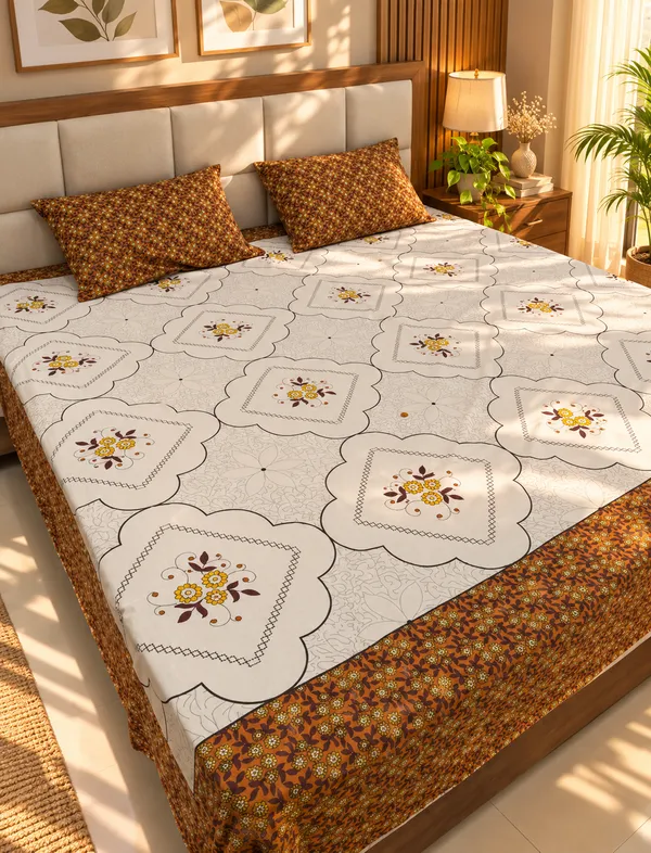 White_&_Orange_Cotton_Floral_Bedsheet_with_2_Pillow_Covers
