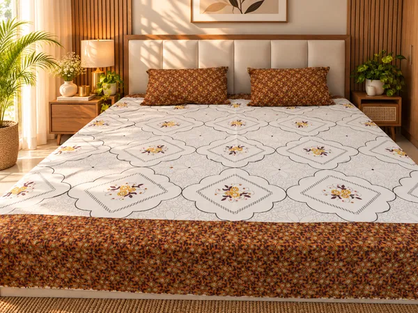 White_&_Orange_Cotton_Floral_Bedsheet_with_2_Pillow_Covers