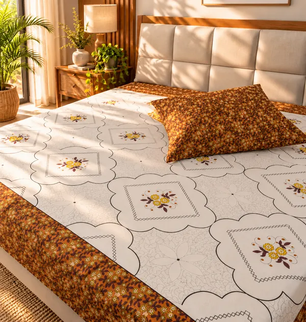 White_&_Orange_Cotton_Floral_Bedsheet_with_2_Pillow_Covers